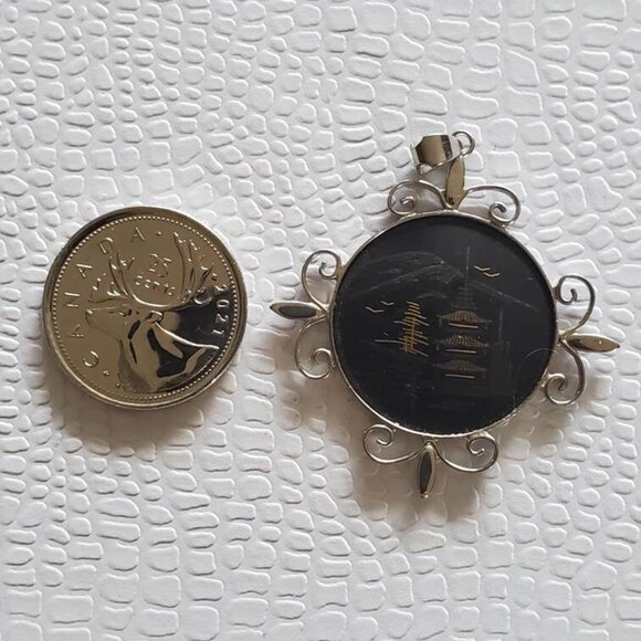 Vintage Damascene Asian Design Amita Sterling Silver Pendant - Picture 8 of 9